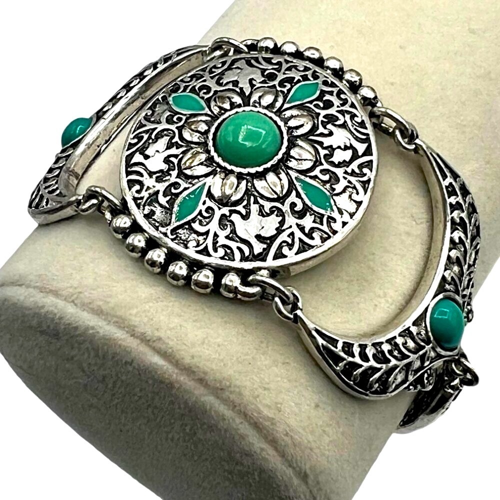 Silver Tone & Faux Turquoise Floral Filigree Bracelet A21 - Picture 4 of 10